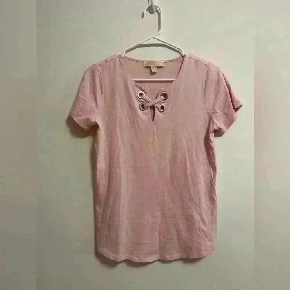 Michael Kors - Women’s Pink V-Neck CrossAccent 100% Cotton Short Sleeve - Size S